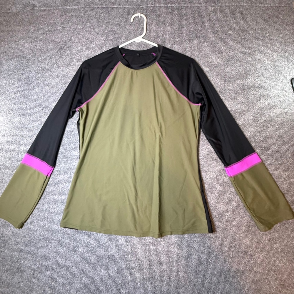 Prana Womens Rash Guard Long Sleeve Colorblock Olive Green Black Purple Size L